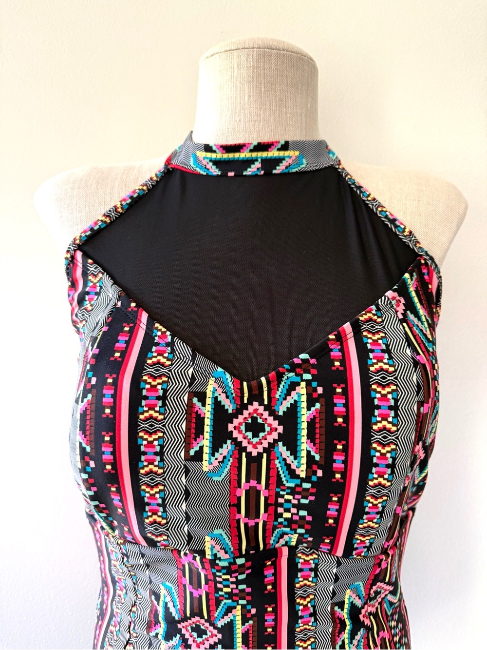 Forever 21 Black & Multicolor High-Neck Tribal Halter Swimsuit - Picture 3 of 11
